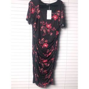 Bloomchic Black Floral Rouched Midi Dress Size 12